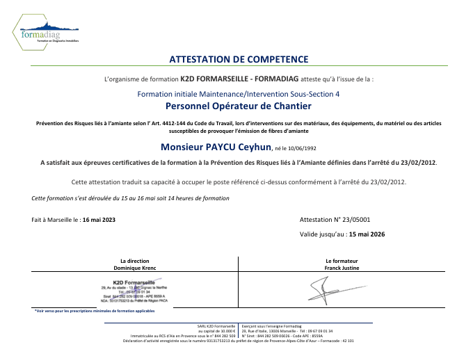 Attestations de compétences professionnelles et certifications de Blue Construction