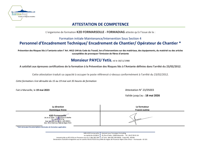 Attestations de compétences professionnelles et certifications de Blue Construction